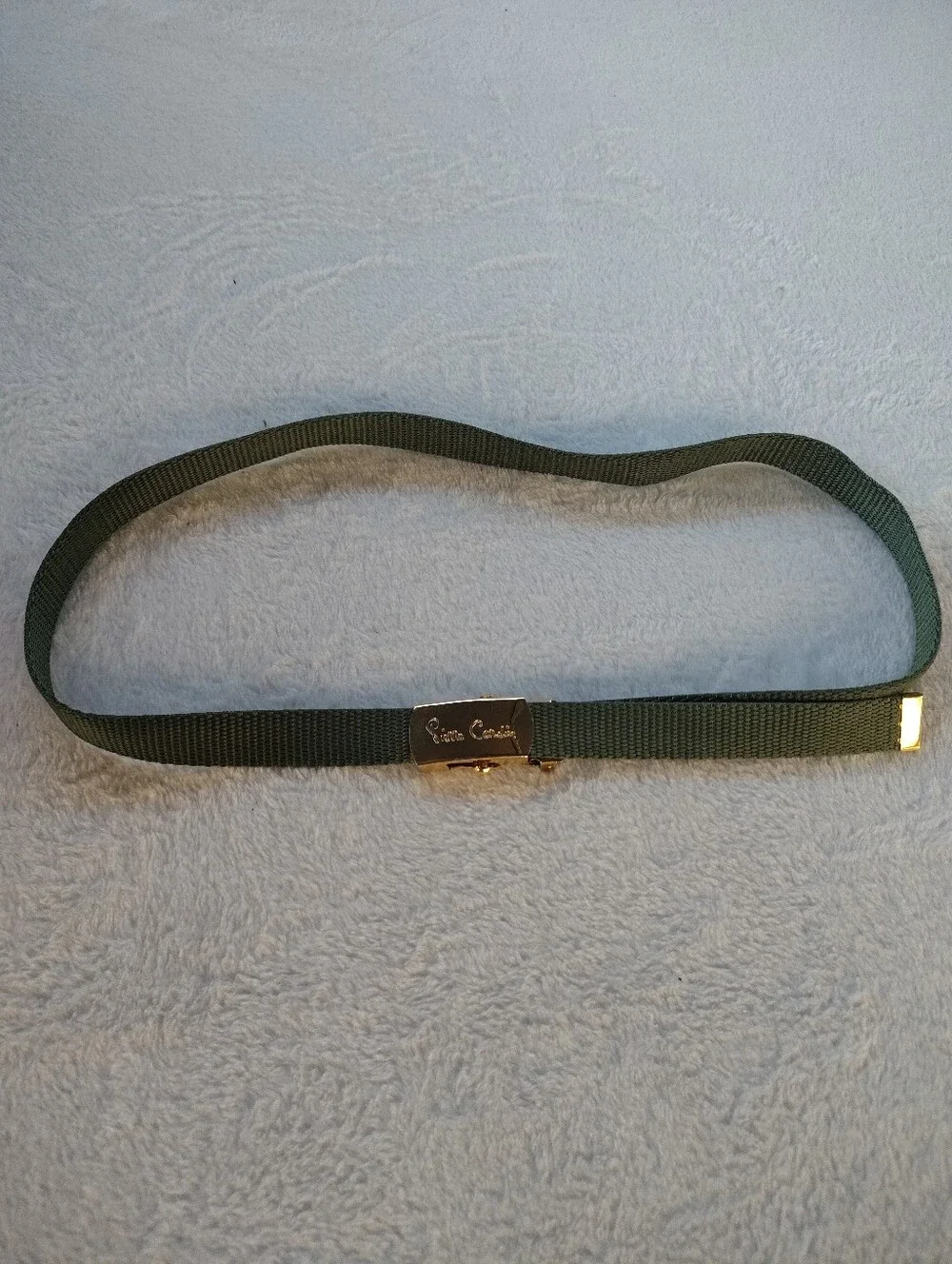 Vintage Pierre Cardin Olive Webbing Belt with Gold-Tone Logo Buckle